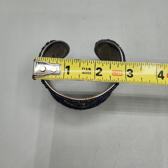 Seed Bead Peacock Toned Hammered Metal Bracelet Bangle Cuff 2" Adjusts to Fit - Picture 6 of 8